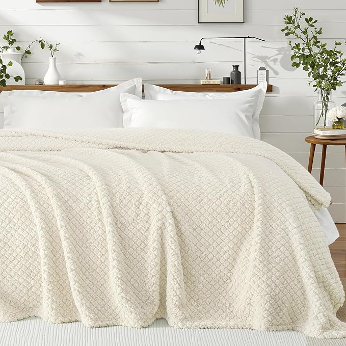 Exclusivo Mezcla Soft Fleece Twin Size Blanket for Bed, Ivory | Jacquard Lightweight Cozy Bed Blanket, Breathable Decorative Fuzzy Textured All Season Use, 60x80 Inches