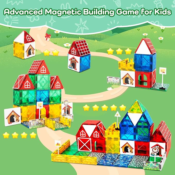 Magnetic Tiles Farm Animals Set, STEM Magnetic Building Blocks for Toddlers 3-5 5-7, Sensory Montessori Magnet Tiles for Kids Ages 4-8 Years Old Boys Girls, Magnet Toys Birthday