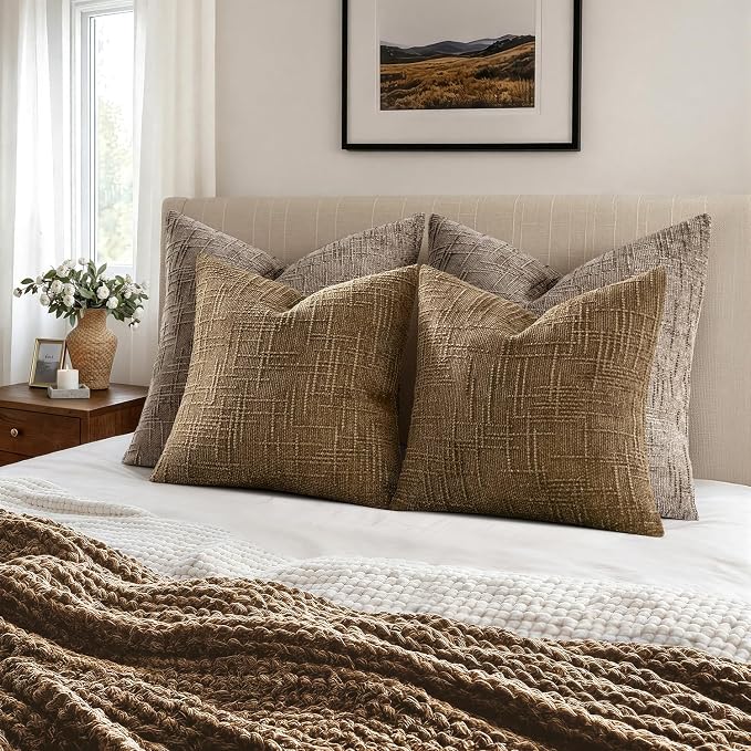 MIULEE Chenille Textured Fall Throw Pillow Covers Bronze 20x20 Set of 2 | Slubby Decorative Pillows, Boho Farmhouse Rustic Home Decor, Modern Neutral Cushion Covers for Couch Sofa Bed Living Room