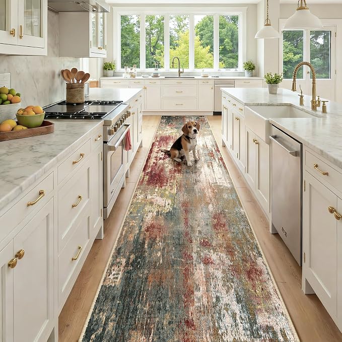 RELEANY Washable Runner 2'6"x14' Abstract Area Rug for Hallway Rustic Brown | carpet for kitchen, entryway, bathroom, living room, bedroom, printed pattern, non-slip, soft, stain-resistant, easy to clean