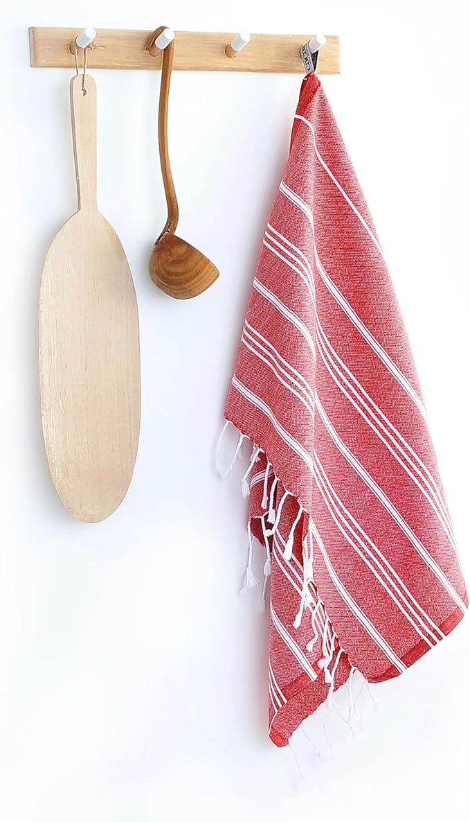 Cacala 100% Turkish Cotton Kitchen Tea Towels, Highly Absorbent Luxury Soft Quick Drying Dish Towel with Hanging Loop for Gym, Yoga, Bath, Sports, Cleaning and Kitchen (23 x 36), Red