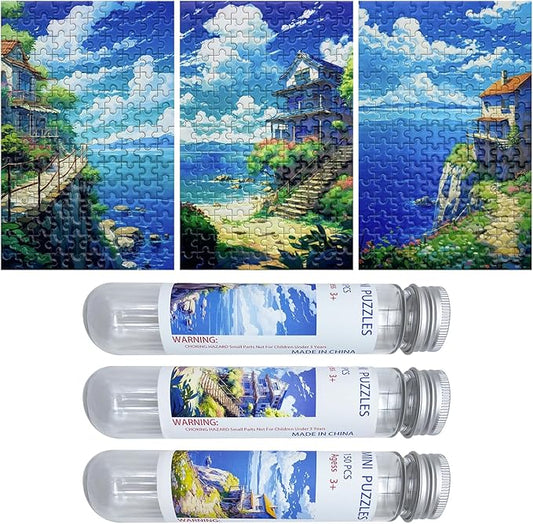 150 Pieces Mini Jigsaw Puzzles for Adults & Kids,6 x 4 Inches, Mini Puzzles, Travel Puzzle,Small Micro Puzzles, Challenging Difficult Puzzle,3 Pack Seaside Hut