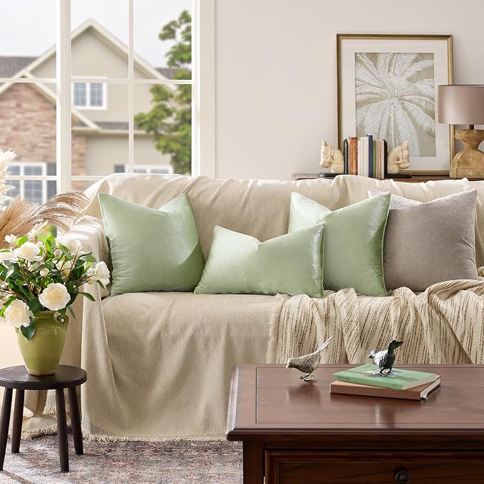 GIGIZAZA Sage Green Velvet Throw Pillow Covers 18x18 Pack of 2 | Decorative Pillows for Couch Sofa,280gsm Soft Textured Fabric,Modern Square Pillowcases,Luxury Cushion Covers
