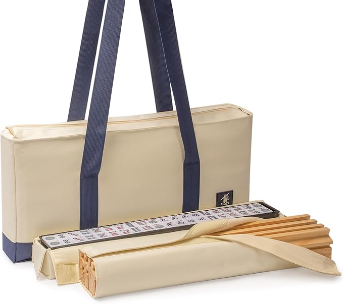 Yellow Mountain Imports American Mahjong Set, Harbor Tide with Beige and Blue Canvas Tote Bag - 4 All-in-One Racks with Pushers, Wright Patterson Scoring Coins, Dice, & Wind Indicator