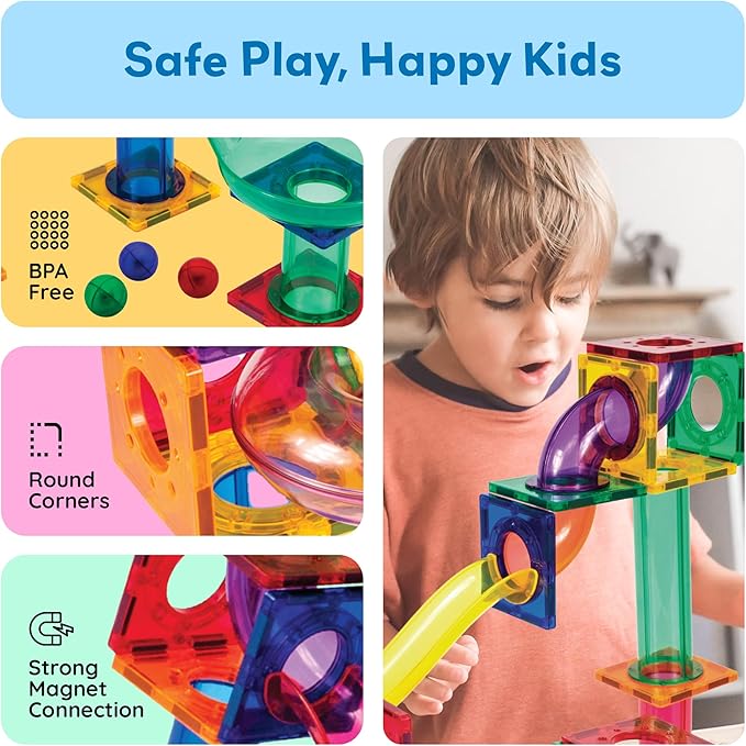 PicassoTiles 50pcs Magnetic Tiles Marble Run for Kids Race Track Toy Marble Maze Sensory Toys for Toddlers STEM Educational Set Magnet Building Blocks Construction Building Tiles Boys Girls 3+ PTG50