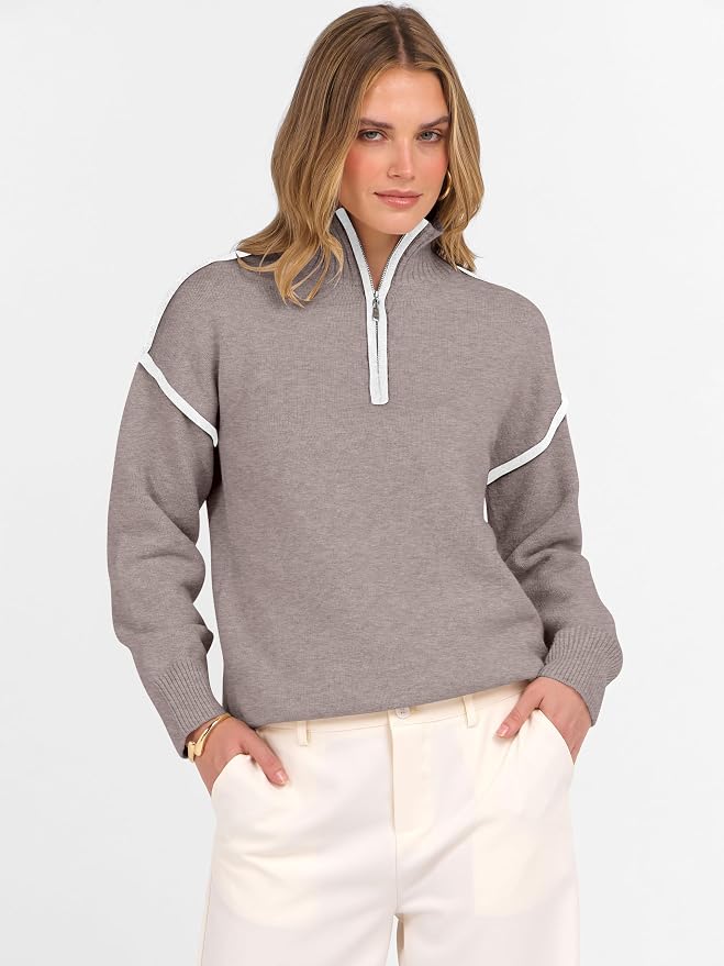 ANRABESS Womens Quarter Zip Sweaters Fall Long Sleeve V Neck Shirts Collared Business Casual Tops Knit Pullover Sweatshirts