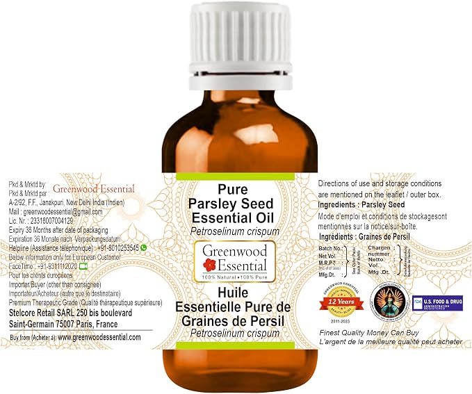 Greenwood Essential Parsley Seed Essential Oil (Petroselinum crispum) Pure | Non-Sticky | Non-Greasy | Lightweight | Men & Women | All Skin Types | Steam Distilled 15ml (0.50 oz)
