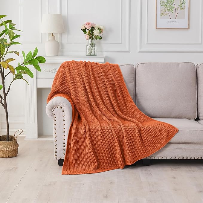 Douceur Rust Orange Throw Blanket for Bed, Soft Chunky Cable Knit Throw Blanket, Classic Fisherman's Rib Stitch Pattern Throw for Living Room,50"X60"
