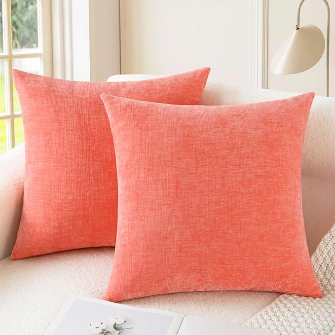 CaliTime Decorative Couch Throw Pillow Covers 18 X 18 Inches Living Coral | Pack of 2, Cozy Chenille Cushion Cases for Sofa Bed Living Room Farmhouse Home