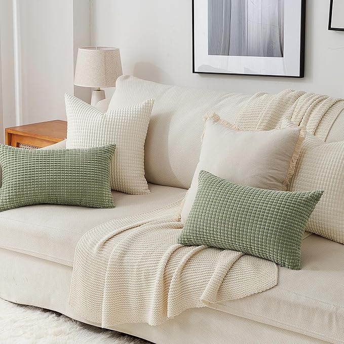 Topfinel 24x24 Inch Small Throw Pillow Covers Pack of 4 for Living Room Couch Bed Soft Corduroy Windmill Textured Boho Striped Patchwork Pillow Covers House Decor,Cream