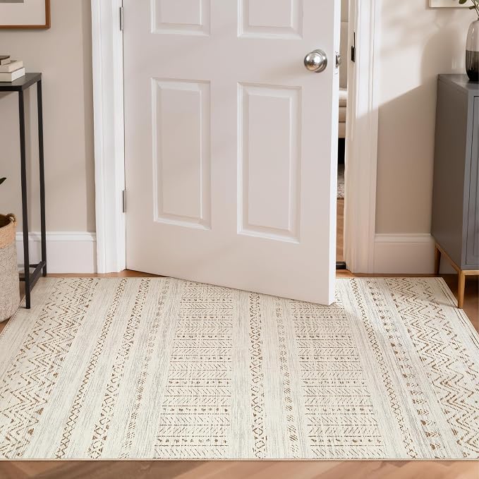 cotiled 3x5 Area Rugs Living Room Rug: Washable Boho Rugs with Non Slip Backing Small Soft Indoor Stain Resistant Carpet for Bedroom Farmhouse Dining Room Lightweight Home Decor Brown/Cream