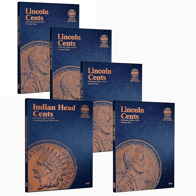 Whitman US Flying Eagle, Indian and Lincoln Cent Coin Folder Five Volume Set 1857 - Date #’s 9003, 9004, 9030, 9033, 4004