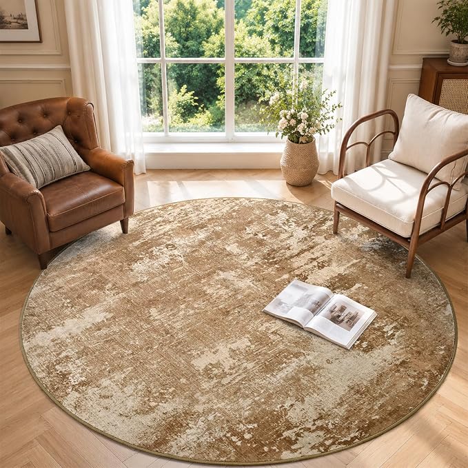 6Ft Round Area Rugs for Living Room, Soft Non-Slip Washable Rugs Modern Abstract Pattern Carpet for Bedroom Indoor Floor Nursery Home Decor (Brown)