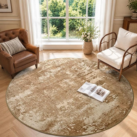 4Ft Round Area Rugs for Living Room, Soft Non-Slip Washable Rugs Modern Abstract Pattern Carpet for Bedroom Indoor Floor Nursery Home Decor (Brown)