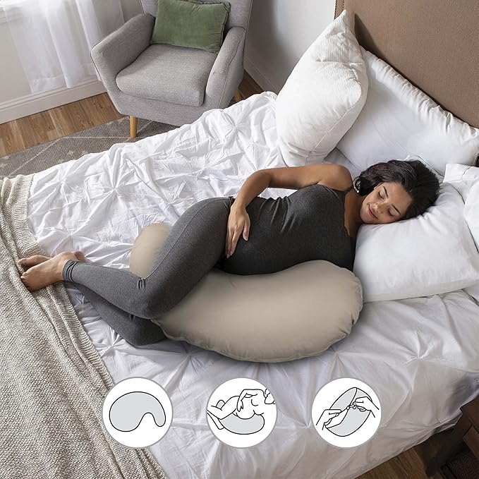 Boppy Cuddle Pregnancy Pillow with Removable Organic Cotton Cover - Compact Ergonomic Maternity Pillow, Versatile Support, Great Side Sleeper Pillow, Washable, with Cooling Rayon Cover - Biscuit