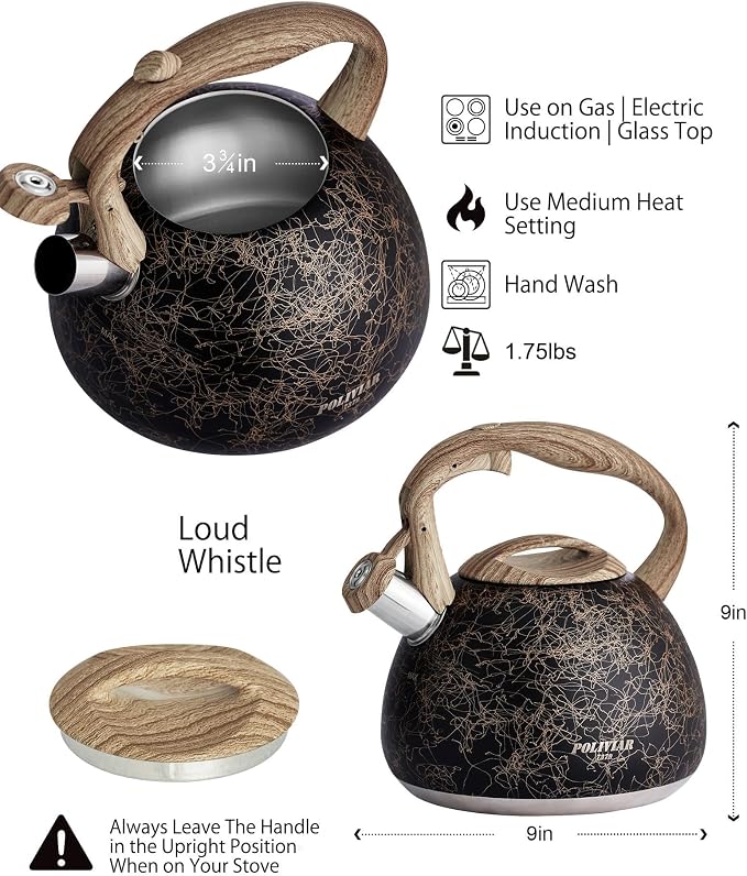 POLIVIAR Tea Kettle, Iron Grey Tea Pot Stovetop, 2.7 Quart Loud Whistling Coffee and Teapot, Food Grade Stainless Steel for Anti-Hot Handle and No-Rust, Suitable for All Heat Sources (JX2020-RB30)