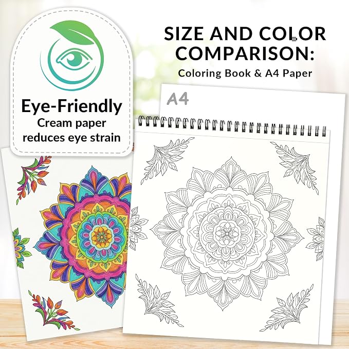 FUNLAVIE Adult Coloring Book - Mandala Coloring Books for Adults Relaxation and Teens Stress Relief, Large Print Spiral Bound Coloring Book for Women,Mandalas Style Mindfulness Stress-Free Patterns