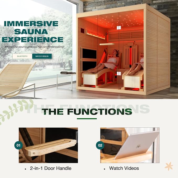 Infrared Sauna,2 Person Luxurious Indoor Sauna with Recliner, Wooden Sauna with 7-Color Starry Ceiling,9 Heating Tubes,5 Carbon Panels,2-in-1 Door Handle,Himalayan Salt Brick,220V