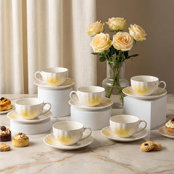 BTaT- Floral Tea Cups and Saucers Set, 7 oz, Set of 6, Porcelain Tea Cups with Saucers, Dishwasher Safe, Coffee Cup & Saucer for Women, Wedding Gift, Parties & Gifting