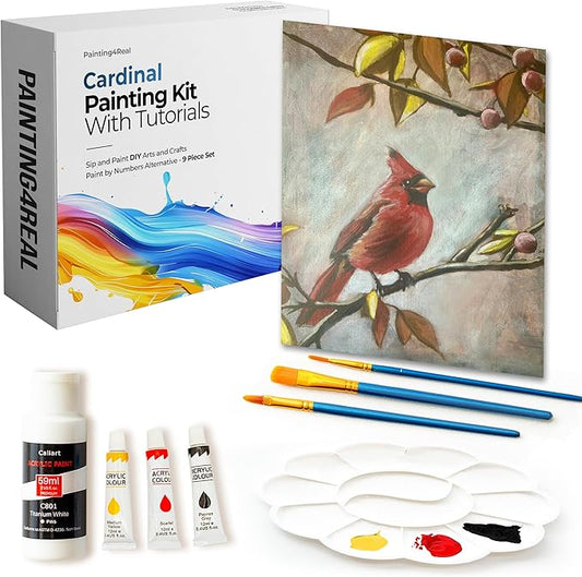 Painting4Real DIY Painting Class Kit for Adults with Video Tutorials: Learn to Paint Cardinal – How to Paint with Acrylics – Painting & Art Supplies – 9 Piece Acrylic Paint Set