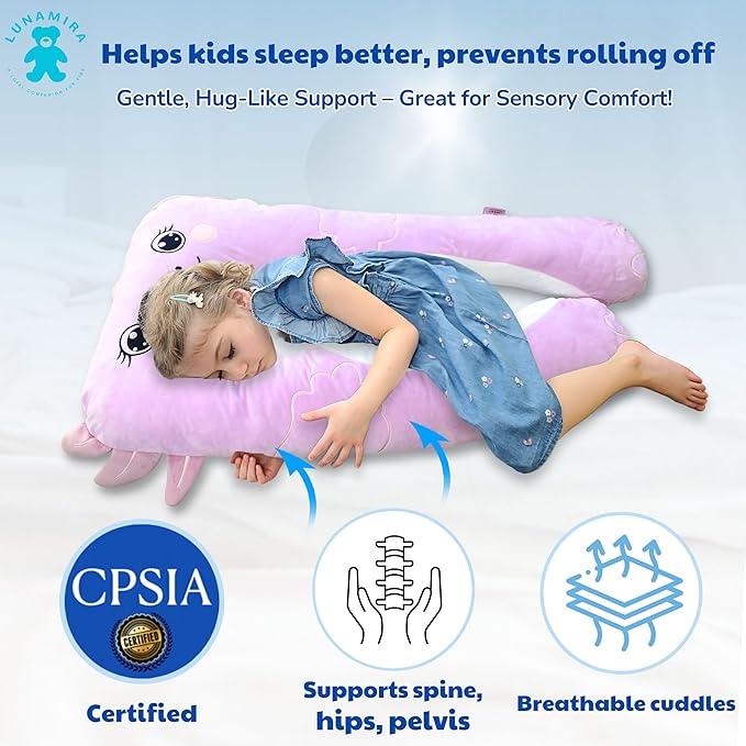 LUNAMIRA Axolotl Kids Body Pillow - 47" U-Shape Long Plush Soft Animal Pillow for Kids, Sleeping, Reading, ADHD & Special Needs Comfort, Anxiety, Washable Cover, Snuggle Fun Cuddle for Boys & Girls