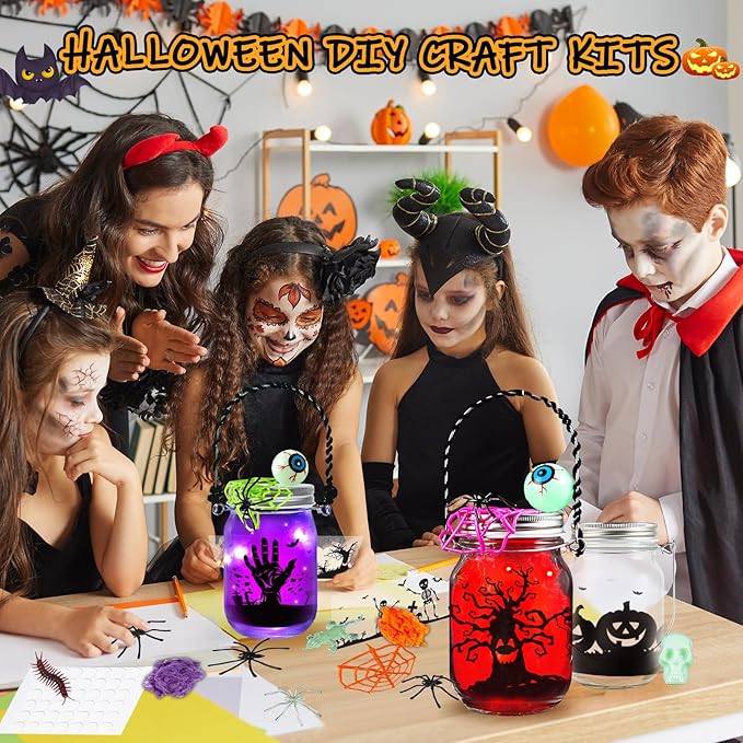 Halloween Crafts for Kids, 12 PCS Mason Jar with Accessories for DIY Craft & Art Party Favor Supplies, Halloween Decoration Trick or Treat, Classroom Art Activities