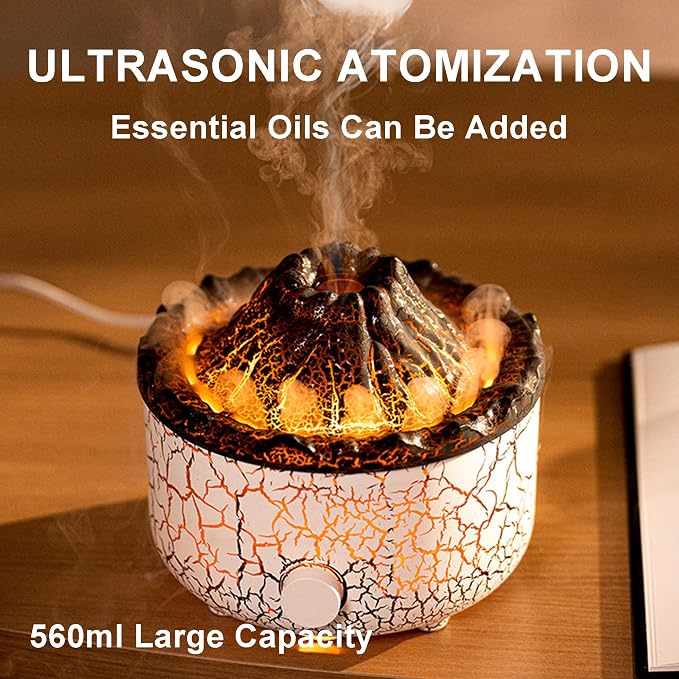 YALEDI Aromatherapy Essential Oil Diffuser, 560ml Ultrasonic Cool Mist Diffuser/Humidifier with Flame & Volcano 2 Mist Mode, for Bedroom,Office,Home, Auto Shut-Off, Remote Control, Gift (White)