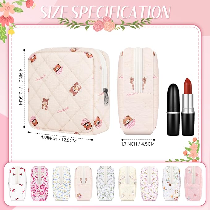 Likesing Quilted Period Bag, Period Pouches for Teen Girls Womens, Portable Floral Print Sanitary Napkin Storage Bag Feminine Emergency Tampon Pad Pouch(BPink Bear)