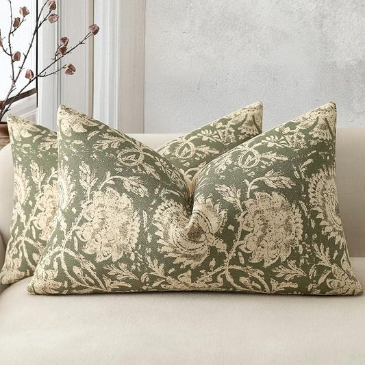 Vintage Floral Print Throw Pillow Covers 12x20 Set of 2 Neutral Modern Farmhouse Pillow Cases Accent Decorative Cushion Covers Boho Home Decor for Couch Sofa Chair Bed Living Room, Olive Green