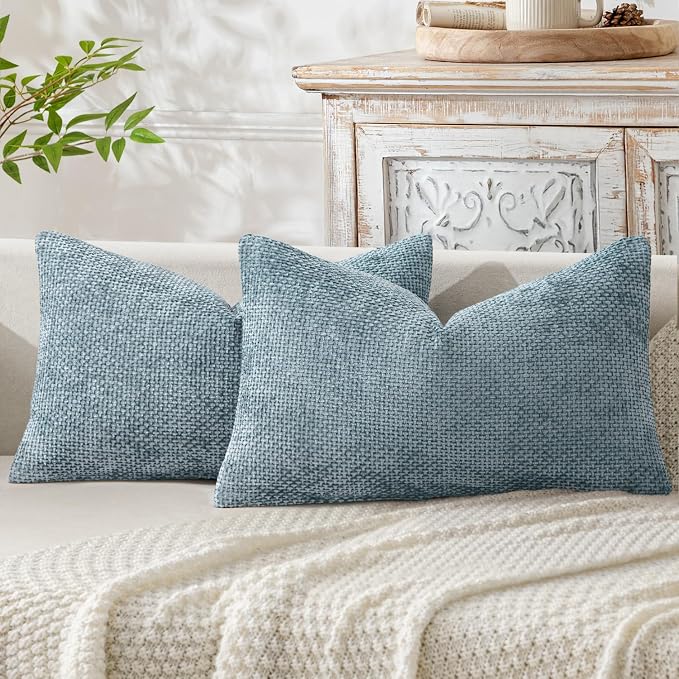 MIULEE Decorative Lumbar Throw Pillow Covers 12x20 Inch Coastal Blue 2 Pack | Modern Boho Accent, Soft Chenille Pillow Covers, Farmhouse Cushion Cases for Couch Bed Sofa Living Room Home Decor