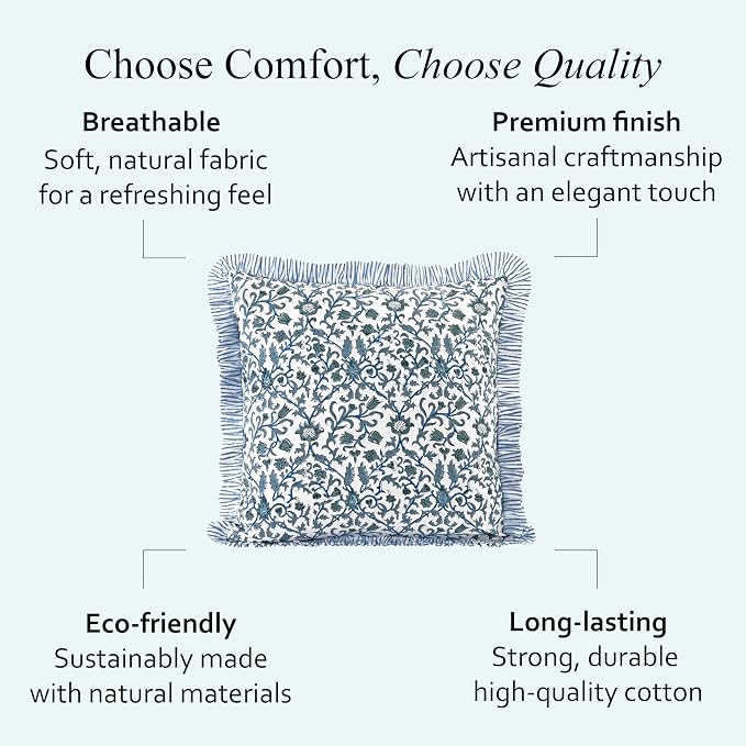 CPC Ocean Vine Hand Block Print 100% Cotton Ruffle Throw Pillow Cover 18x18 inch with Hidden Zipper Decorative for Couch, Bed, Sofa, Farmhouse, Cottagecore Decor Gift Christmas Fall Thanksgiving
