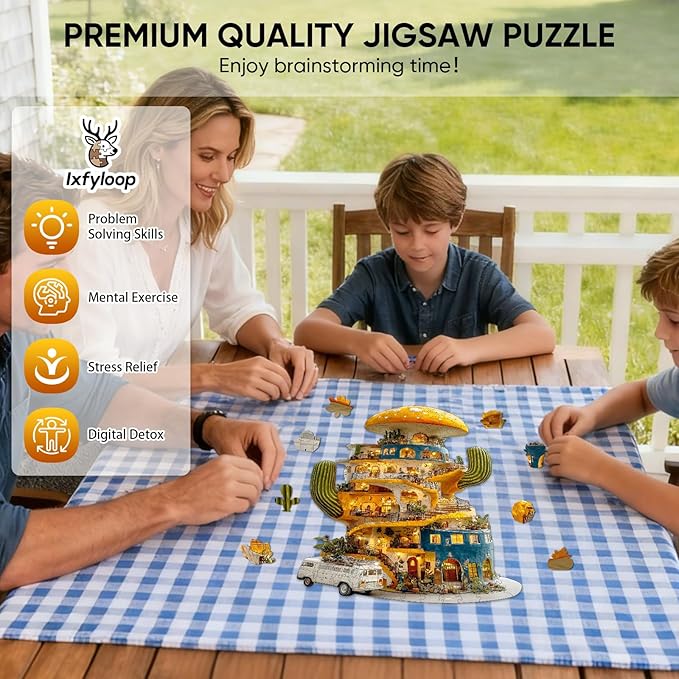 Ixfyloop Cactus Jigsaw Puzzles for Adults, Mushroom House Wooden Puzzles, Plant Wood Puzzle Unique Shape 200 Pieces, Best Gifts for Teens, Family Game 9.1x12.8 inch