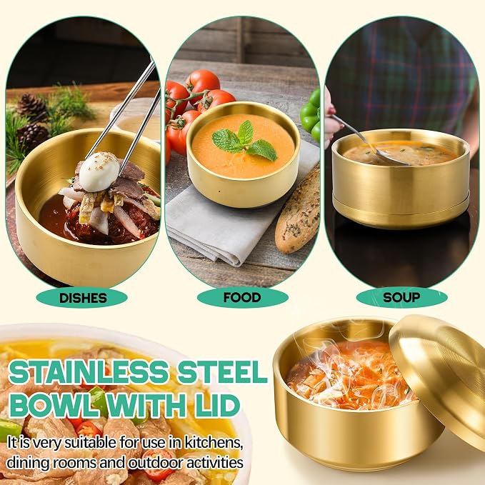 Reallnaive 4 Sets 17 oz Stainless Steel Korean Soup Rice Bowl with Lid for Cereal Kitchen Restaurant Double-walled Anti Scalding Metal Bowls for Soup Salad Noodles Insulated