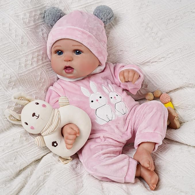 BABESIDE 2 Pcs Reborn Baby Doll Clothes with Hat for 17-22 Inch Babydolls, Cute Bunny Pattern Baby Dolls Outfits Accessories fit Newborn Babydoll Girls, Pink