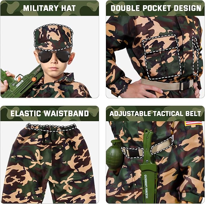 Army Costume for Boys, Halloween Costumes for Kids, Military Costumes with Accessories