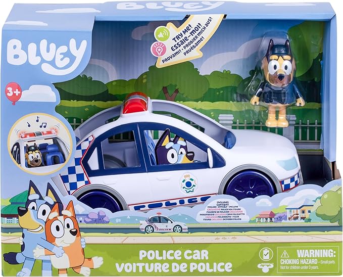 Bluey Police Car, Vehicle from The Special Episode The Sign. Includes Police Car with Flashing Lights & Sounds, Policeman Figure, and Themed Sticker Set. Batteries Included.