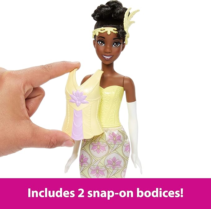 Mattel Disney Princess Toys, Tiana Fashion Doll with 2 Looks, 9 Accessories, 2 Snap-On Bodices & 2 Skirts, 2-in-1 Stories Inspired by Disney Movie