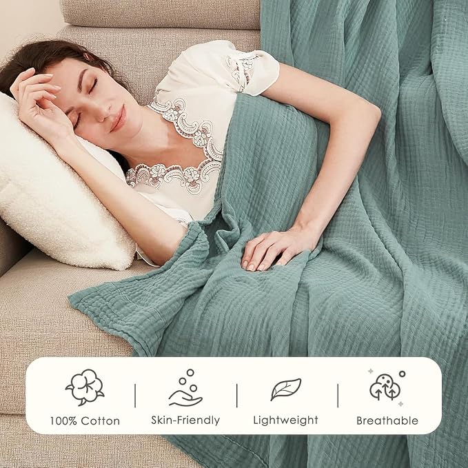 EMME Muslin Blankets for Adults Throw Blanket for Couch Breathable Gauze Soft Lightweight Airy Teal Twin XL 66" x 90"
