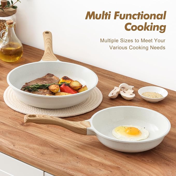 SENSARTE Ceramic Nonstick Frying Pan Skillets, White(10+12 Inch) | Healthy ceramic nontoxic coating, PTFE & PFAS free. Compatible with all stoves including induction cooktops. Easy to clean.