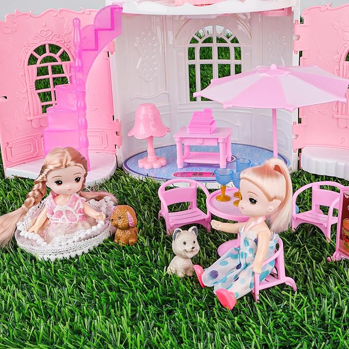 deAO Doll House for Girls Portable Playset Dollhouse Castle Kids Pretend Play with 2 Doll Toy Figures,Living Room,Bedroom,Balcony & Accessories for 3 to 7 Year Olds Kids (Pink)