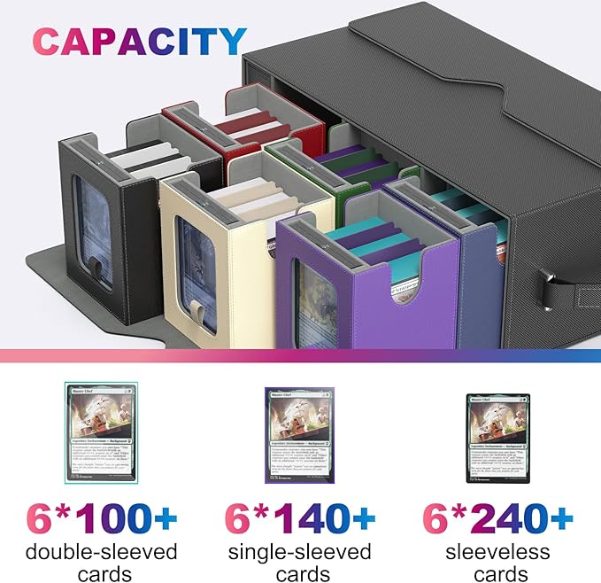 UAONO Commander Deck Box for MTG, 6-Deck Modular Card Case with Dice Tray Hold 600+ Double-sleeved Cards, Trading Cards Storage Box with MTG Dice 35PT Magnetic Card Holders, Multicolour Limited