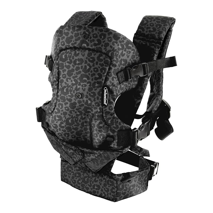 Infantino Flip 4-in-1 Convertible Baby Carrier, Adjustable, Ergonomic Hands Free Babywearing, Registry Essential, Carrier for Newborn to Toddler, Black & Gray Leopard