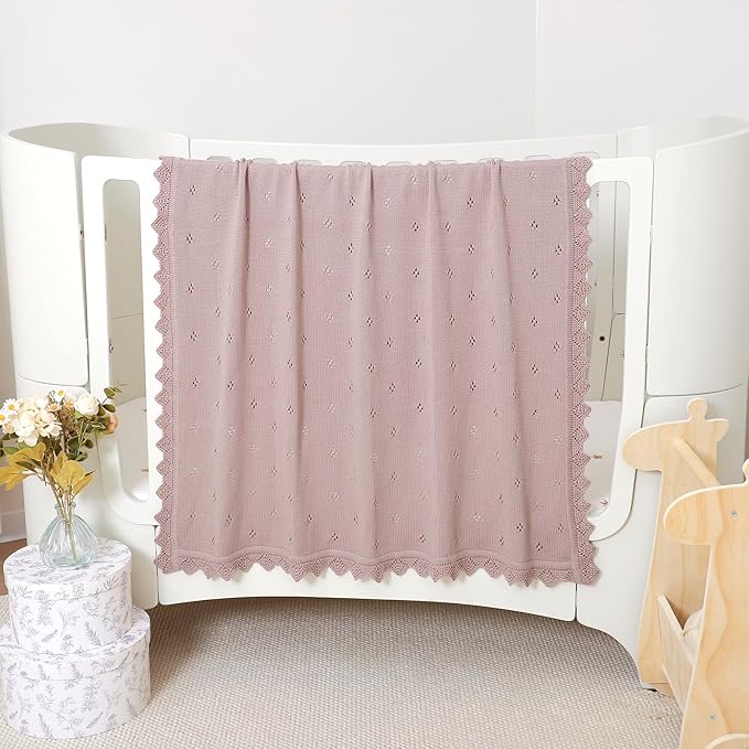 mimixiong Cotton Baby Blanket Knitted Crochet Receiving Crib Nursery Swaddling Blankets for Newborn Baby Boy Girl with The Bunny Rattle (Dreamy Lilac)