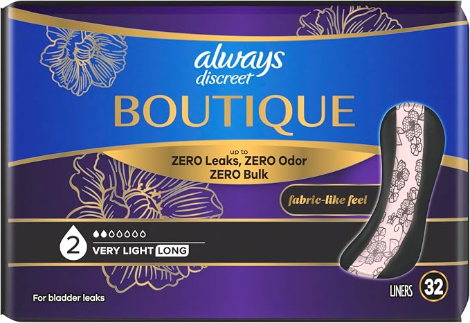 Always Discreet Boutique Adult Incontinence Bladder Leak Panty Liners for Women, Very Light Absorbency, Long Length, Up to 100% Bladder Leak Protection, 32 Count