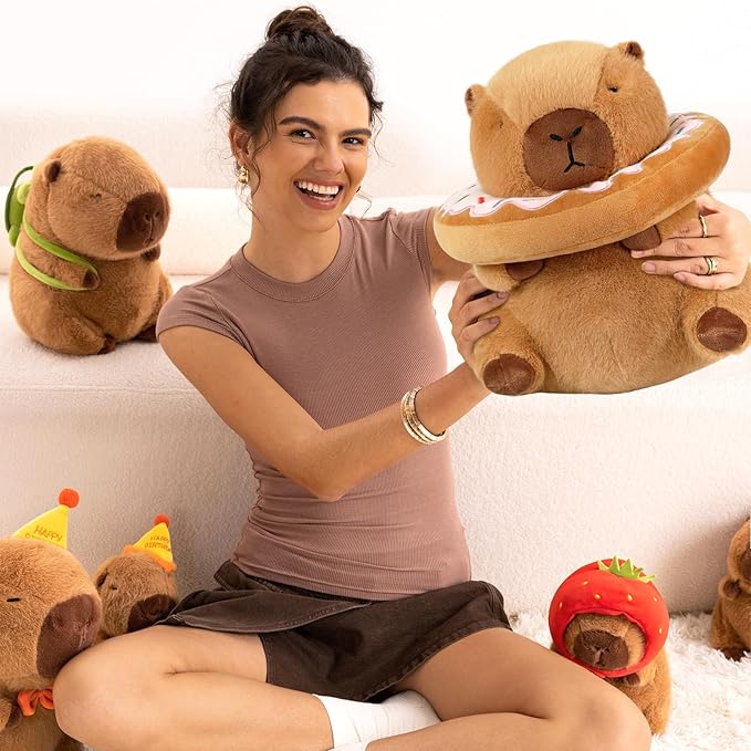 Ditucu Cute Capybara Plush Pillow with Wearable Donut Headgear Stuffed Animal Food Capibara Plushies Toys Gifts for Kids Brown 11 inch