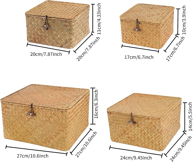 Moosky Wicker Shelf Baskets with Lid, Handwoven Seagrass Storage Basket Bins Square Gift Boxes for Shelves Home Decor Organizer (Natural, Set of 4)