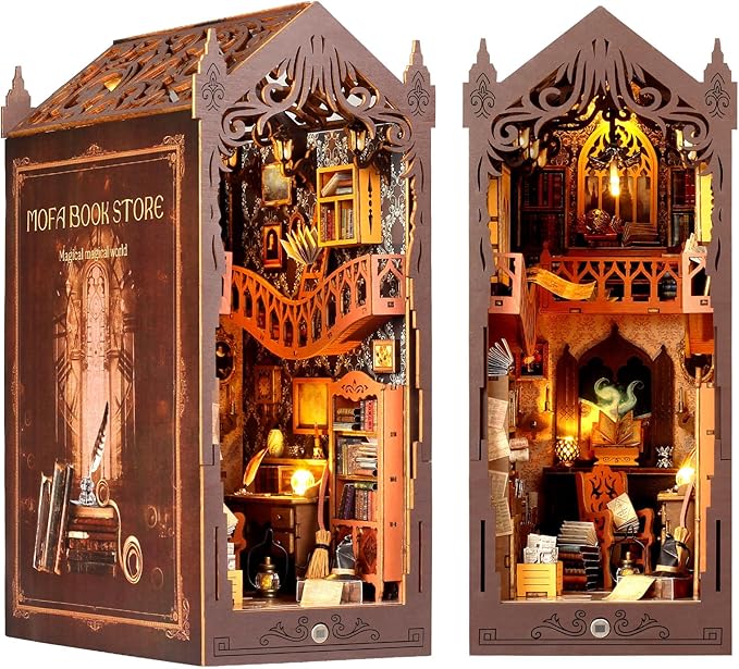 Foyucool DIY Book Nook Kit, Miniature Dollhouse Bookshelf Insert with LED Light, 3D Wooden Puzzle Bookend Insert, Perfect for Teens and Adults, Magic Book