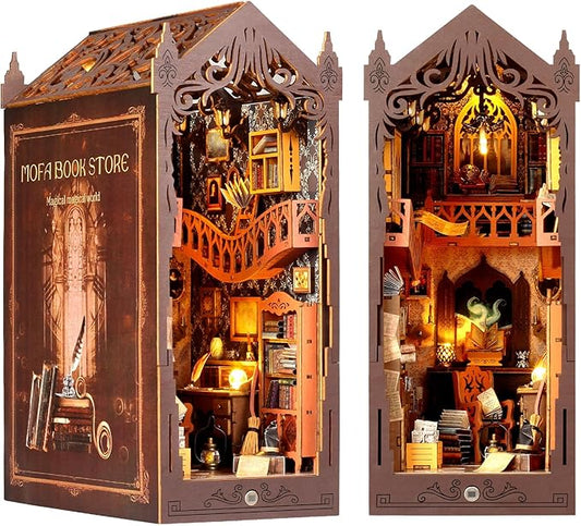 Foyucool DIY Book Nook Kit, Miniature Dollhouse Bookshelf Insert with LED Light, 3D Wooden Puzzle Bookend Insert, Perfect for Teens and Adults, Magic Book