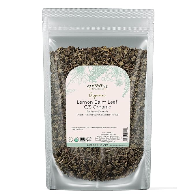 Starwest Botanicals Organic Lemon Balm Leaves - Dried Herb for Tea, Loose Leaf Natural Herb, Cut & Sifted Lemon Balm, Certified Kosher, Non-GMO - 4 oz Bag