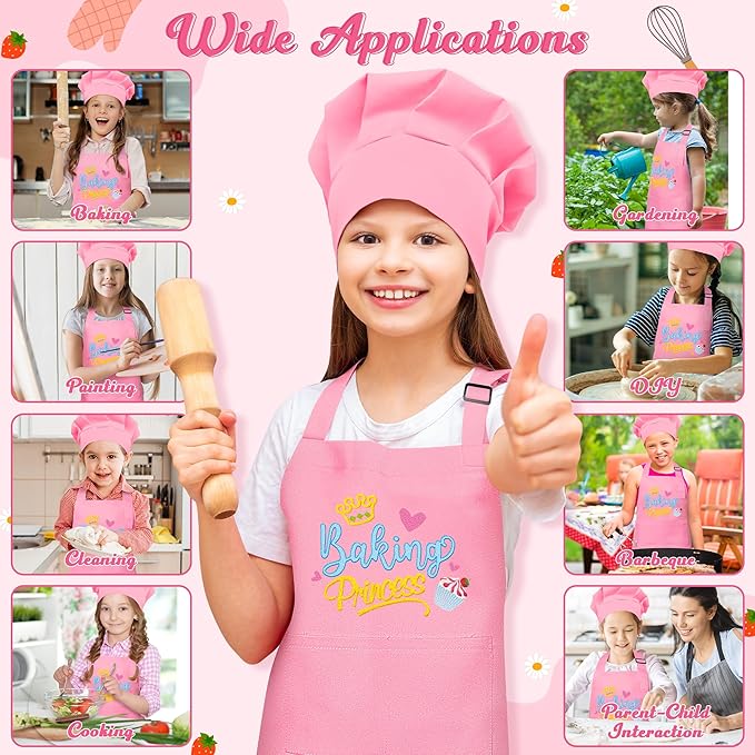 R HORSE Kid Apron and Chef Hat Set - 2Pcs Pink Baking Princess Adjustable Children Kitchen Toddler Apron for Girls, Funny Dress up Role Play Chef Toy Birthday Gift for Kids Cooking Baking Painting